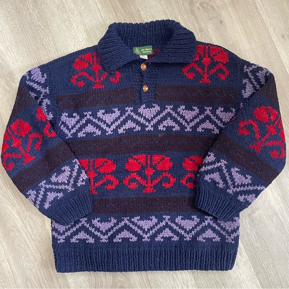 Pure Wool 1/4 Button Sweater, One Size, Warm, Fall, Outdoor, Knit, Blue, Red - Picture 1 of 8